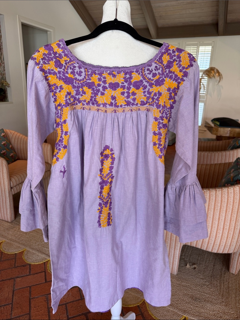 Mi Golondrina - Lavender Purple Shift Dress w/Yellow Floral Embroidery - Small